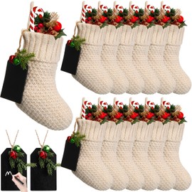Zubebe 12 Pieces Christmas Mini Stockings Knitted Xmas Stocking Rustic with 12 Pieces Name Tags Family Xmas Fireplace Hanging Stockings Holiday Decorations Stockings (White)