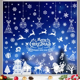 Christmas Window Stickers Reusable, Wentsent 256 PCS Christmas Window Clings Decorations Double Sided PVC Static Santa Claus Reindeer White Snowflake Xmas Window Stickers for Winter Party Supplies
