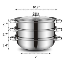 Steamer Pot for Cooking 11 inch Stainless Steel, 3-tier Multipurpose 18/8 Stainless Steel Steam Pot Cookware with Lid for Vegetable, Dumpling, Stock, Sauce, Food