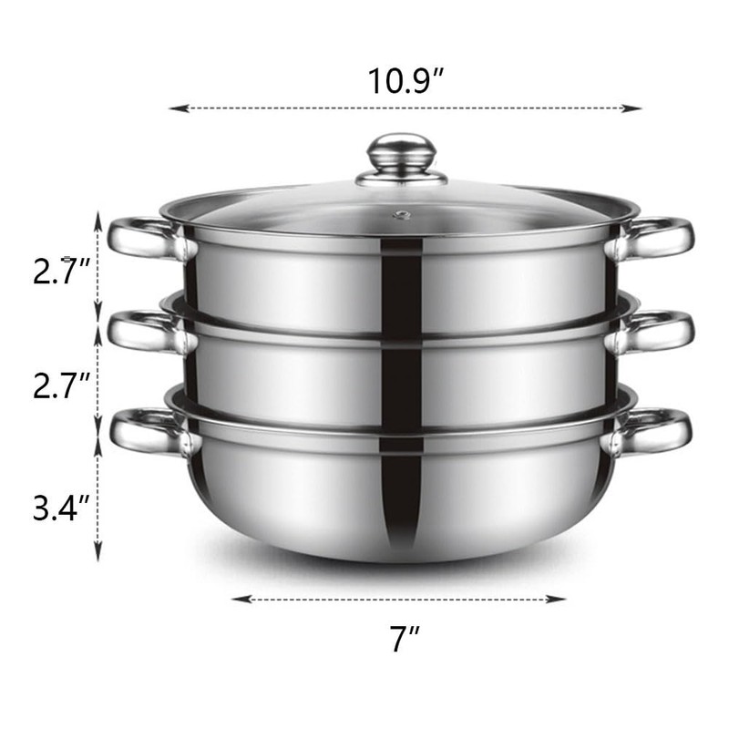 Steamer Pot for Cooking 11 inch Stainless Steel, 3-tier Multipurpose