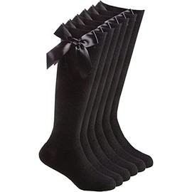 COSHAL® 3 Pairs Girls Knee High School Cotton Socks with Fluffy Ribbons Bow, Back to School Socks Uniform Party Comfort Fit Long Socks Stocking Girls Bow Knee High Kids School Socks BLACK, Size 4-6