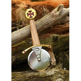 Battle-Merchant - Pizza Cutter in Templar Sword Design - Stylish Kitchen Tool for Crusaders - Pizza Roller with Wooden Handle, Paring Bar and Knob