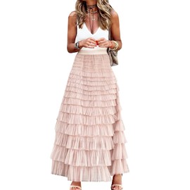 Gratoryna Womens Long Maxi Tulle Skirt A Line Ruffle Mesh High Waisted Tiered Layered Skirts Petticoat, Pink, Medium