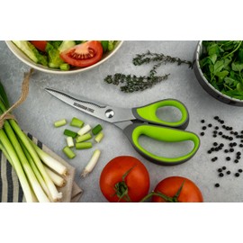 Rockingham Forge 2 Piece Sharp Kitchen and Household Scissor Set, Rust Resistant, Kinked and Curved 9CM Stainless Steel Blades, Nut Cracker and Bottle Opener, Green and Grey