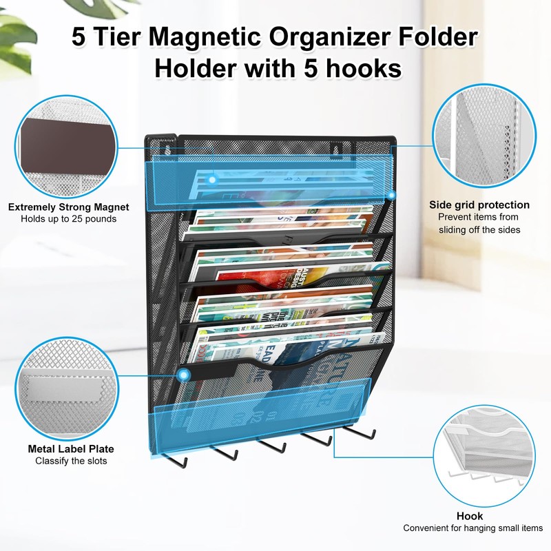 KZWKRG 6 Tier Magnetic File Holder with Hook, Magnetic File