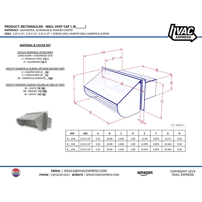 Metal Rectangular Wall Vent - Damper & Screen (RA 310S)