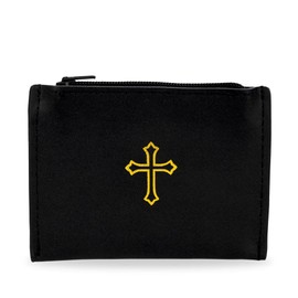 Black Genuine Leather Rosary Pouch Gold Cross Imprint straight Design with zipper