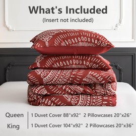 Simple&Opulence Boho Cooling Duvet Cover Set, 3Pcs Aztec Luxury Tribal Geometric Pattern Comforter Cover Set, Soft Breathable Bedding for Hot Sleepers(Red, Queen)