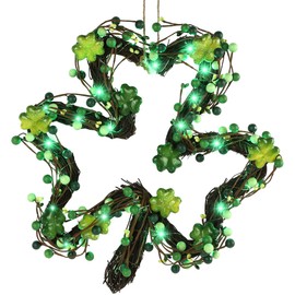 DR.DUDU St. Patricks Day Wreath Decorations, 14 Inch Shamrock Wreaths for Front Door with Green Clover LED Lights, St. Patrick's Day Decor for Spring Outdoor Home Wall Window