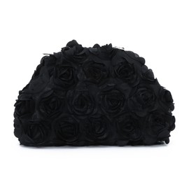 Freiesoldaten Flower Evening Bag Floral Clutch Bag Satin Handbag with Removable Strap for Weeding Party Prom, black