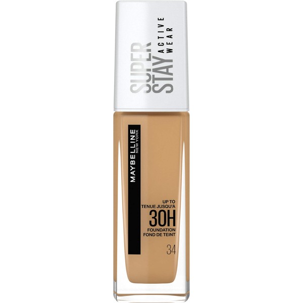 Maybelline New York SuperStay 30H Active Wear Liquid Foundation, High Coverage and Very Long Hold without Mask Effect, Soft Bronze (34), 30 ml