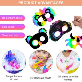 Scratch Pictures for Children, 16 Pieces Party Masks for Painting, Creative DIY Craft Sets with Elastic Cords and Wooden Pens, Animal Masks Rainbow Scratch Pictures, Face Mask for Children's Birthday