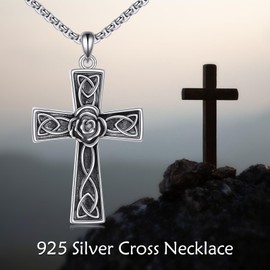 SHEAISRS Celtic Knot Cross Necklace for Men Women Sterling Silver Vintage Rose Flower Necklace Cross Religious Pendant Necklace Celtic Jewelry