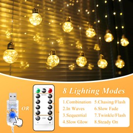 LitHome Wishing Ball Curtain Lights, 240 LED Fairy Lights Curtain with Remote, USB Powered Twinkle Globe String Lights for Bedroom Wedding Windows Indoor Decoration (Warm White)
