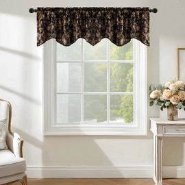 StangH Luxury Floral Printed Valance for Kitchen Window, Light Blocking Rod Pocket Velvet Drape Gold Scalloped Tier Curtain for Bedroom Living Room, W52 x L18, 1 Panel