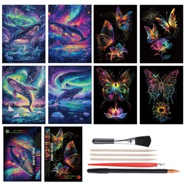 URROMA Scratch Art Adult, 8Pcs Scratch Painting Rainbow Paper Set Whale and Butterfly Theme Arts Kits with Tools Landscape Scratchboard