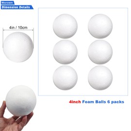Worown 6 Pack 10 cm White Foam Balls, Solid Polystyrene Balls for Arts & Crafts, Ornaments School Projects Wedding Decorations