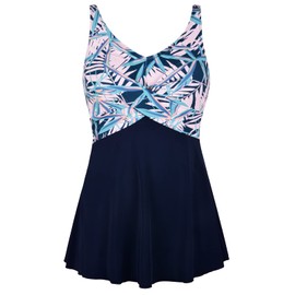 Septangle Vestido de natación de una pieza para mujer, con falda, talla grande, traje de baño con control de abdomen, Hojas de color azul marino y rosa, 8