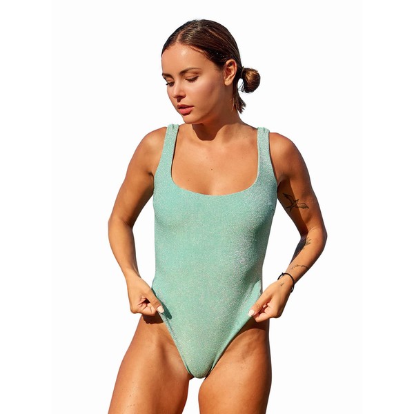 BERLOOK Women's Lurex One Piece Swimsuit Square Neck Tummy Control