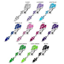 Dark Green CZ Crystal Stone Tri Shape Flower Dangling Reverse Bar 925 Sterling Silver Belly Ring Body jewelry