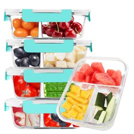 BAYZZ 5 Pack 35 Oz Glass Meal Prep Containers 3 Compartments, Glass Food Storage Containers, Lunch Bento Box with Airtight Lids, Microwave, Freezer & Dishwasher Safe, Green