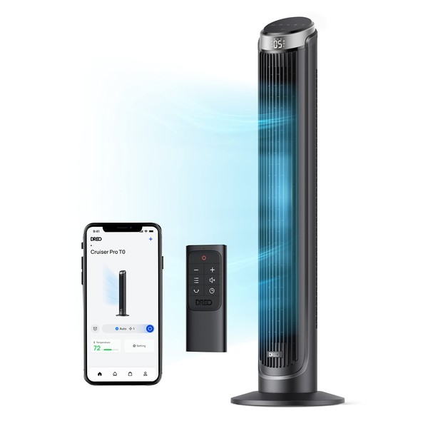 Dreo Smart Tower Fan for Bedroom, Standing Fans for Indoors, 90° Oscillating, 26ft/s Velocity Quiet Floor Fan with Remote, 8H Timer, Voice Control Bladeless Fans for Indoors, Works with Alexa