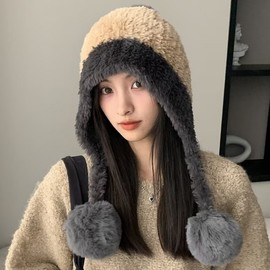 Winter Plush Fur Balaclava Knit Hat - Color-Matched & Warm, Roomy Fit lf3722 Fur Triple Pom Hat - Gray + Free Size 3ea