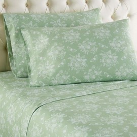 Micro Flannel Shavel Durable & Luxurious Printed Sheet Set King, Flat/Fitted Sheet 108x110/80x78x18; 2-Piece Pillowcase 21x40 - Toile Celadon.