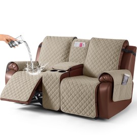 KinCam 100% Waterproof Recliner Loveseat Cover with Console, Non-Slip Reclining Couch Covers for 2 Seat, Recliner Sofa Cover Furniture Protector with Elastic Straps for Kids, Pets, Khaki