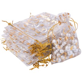 FAVORTALK Gift Bag Pack of 100 70x90 mm/ 2.7 x 3.5 inches Jewellery Drawstring Bags for Birthday and Wedding Party Packaging Organza Gift Bags, White Gold Heart