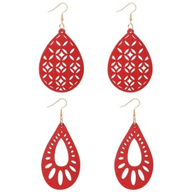 Rumnoke Wood Earrings 2 Pairs Natural Wooden Earrings for Women Teardrop Dangle Earring Gifts Hollow Red