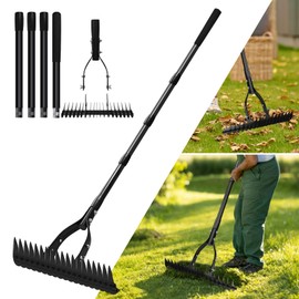 Tryitsbest Metal Thatch Rake, Heavy Duty 15" Landscape Dethatcher Garden Rake with Adjustable Stainless Steel Handle, Lawn Thatching Rakes for Leaves, Dead Grass, Loosening Soil