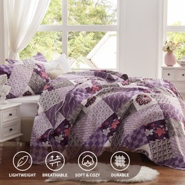 Full/Queen Size Quilt Set 3 Piece Lightweight Reversible Bedspread-90''x98'' Soft Patchwork Floral Coverlet Luxurious Warm Microfiber Bed Cover All Seasons Purple Bedding Set(1 Quilt,2 Pillow Shams)