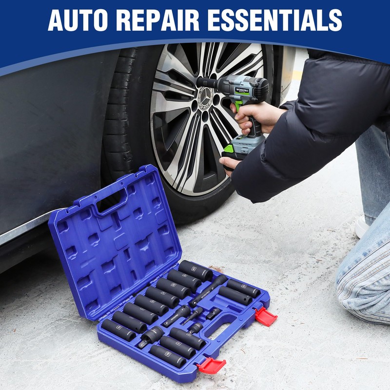 WORKPRO 20-Piece 1/2＂ Drive Deep Impact Socket Set, 6-Point, Cr-V