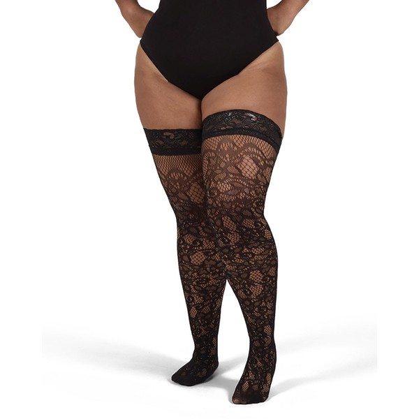 MeMoi Women's Net Swirl-Pattern Lace-Top Plus Size Thigh High Stockings