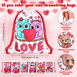 Dansydaisy 12 Pcs Color Your Own Valentine‘s Day Canvas Drawstring Bags Coloring Valentines Crafts for Valentine‘s Day Candy Treat Goodies Gift Bags Crafts Bulk Party Favors