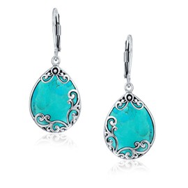 Western Style Teardrop Scroll Filigree Scroll Stabilized Turquoise Lever Back Dangle Earrings For Women .925 Sterling Silver