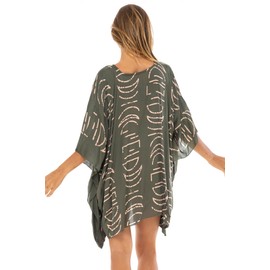 Back From Bali Womens Swimsuit Cover Up Khaki Green Short Poncho Geometric Print Pullover Beach Caftan