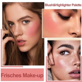 Peach Pink Blush & Highlighter Palette - 4 Colours Highly Pigmented Make Up Palette with Blush Powder, Matt Highlighter Powder and Cream Blush - Buildable Blendable Rouge Palette with Brush for Women