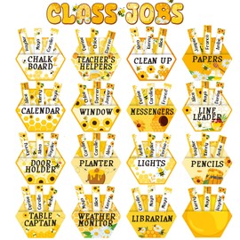 Pasimy 81 Pcs Bee Class Jobs Chart Bee Honeycomb Class Jobs Bulletin Board Pockets with Name Tags Cards Hives Classroom Decor Teacher's Helper Chart for Back to School Classroom Decoration