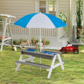 SoliWood Kids 3 in 1 Convertitable Sand and Water Table with Umbrella, Picnic Table for Outdoor Backyard Patio Play