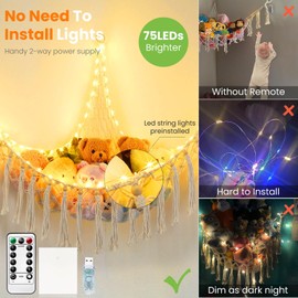 Stuffed Animal Hammock with 75LEDs Lights Preinstalled, Extra Large 55in Toy Storage Macrame Hammock, Hanging Toy Net for Kids Bedroom Doll Room Corner Organizer, USB Plush Toy Hammock with Remote(XL)