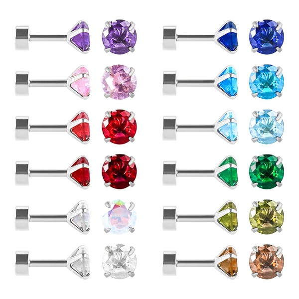 12 Pairs Surgical Stainless Steel Flat Back Stud Earrings, Screw