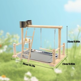 Bird Playground, Natural Wood Bird Perch Stand with Removable Tray and 2 Stainless Steel Feeder Cups, Parrot Playstand Bird Cage Toys for Conure Parakeet Cockatiel Parrot (B)