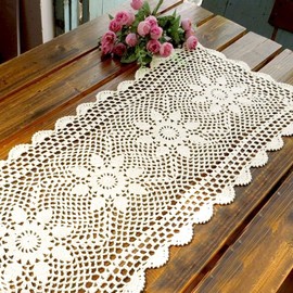 KEPSWET Sunflower Cotton Handmade Crochet Lace Rectangle Table Runner Coffee Table Decor (14x72 inch, White)