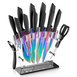 Knife Set, D.Perlla Rainbow Titanium Knife Block Set, 16 Pieces High Carbon Stainless Steel Kitchen Knife with Acrylic Stand, Non Slip Handle