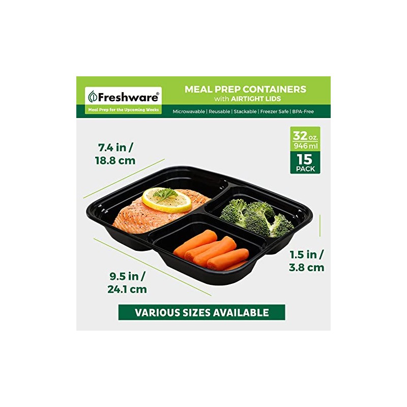 Freshware Contenedor de alimentos de 3 compartimientos - paquete de