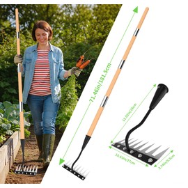 ATLRGISL Iron Weed Rake with Wooden Long Handle 2.0, 8 Teeth Weed Puller Tool Heavy Duty, Manual Gardenia Weeding Rake Tool for Yard, Lawn and Garden, 71Inch