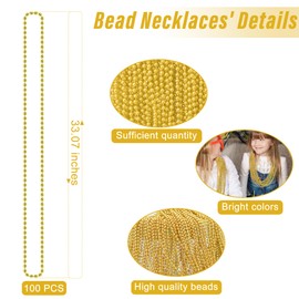 EOBOH 100PCS Bead Necklace, Gold Mardi Gras Beads Party Stuff, 33" Mardi Gras Christmas Beads Toy Costume, Festival Parade Throw Accessories for Wedding Birthday Pirate Party Baby Shower Supplies Decor