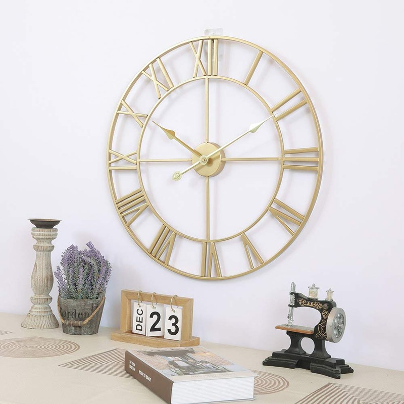 LEIKE Large Modern Wall Clocks,18" Gold Metal,Rustic,Round,Silent Non Ticking,Battery Operated